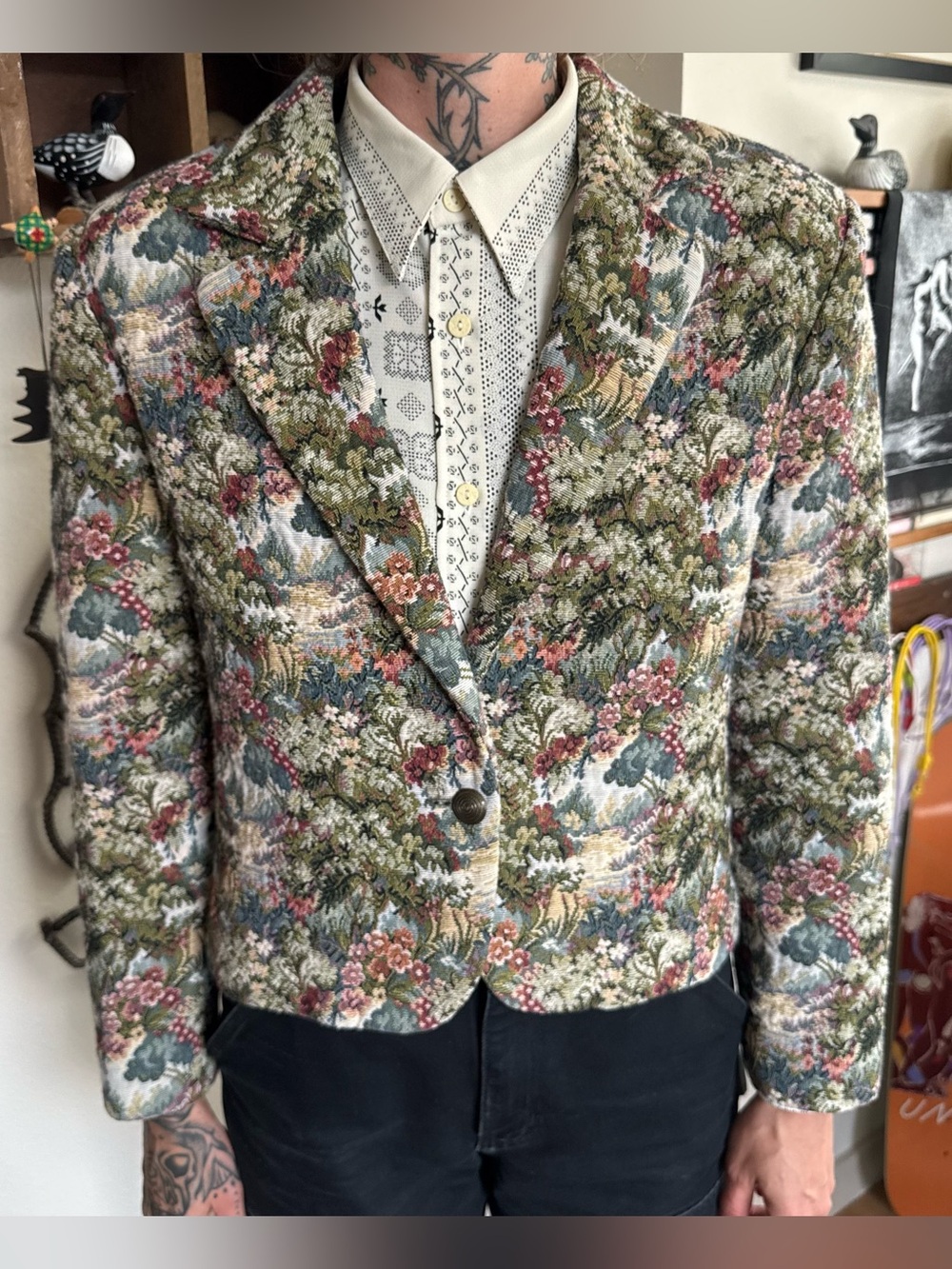 Vintage 90s Lands' End Floral Boxy Tapestry Blazer Jacket ~ Size Medium